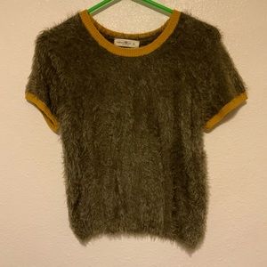 Natural Life Edie Sweater Army Green and Mustard trim short sleeve